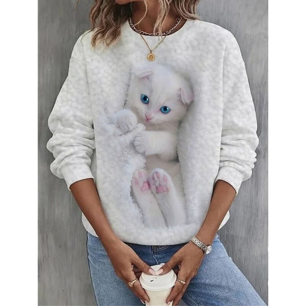 Cute White Kitten Print Womens Long Sleeve Sweatshirt Small